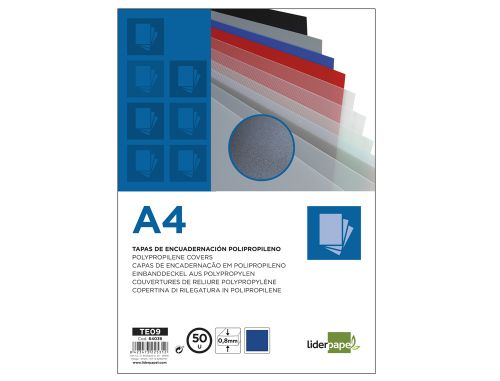 Capa de encadernacao liderpapel polipropileno din a4 0.8 mm azul pack de 50 unidades , Liderpapel , 64036 , 8423473225312